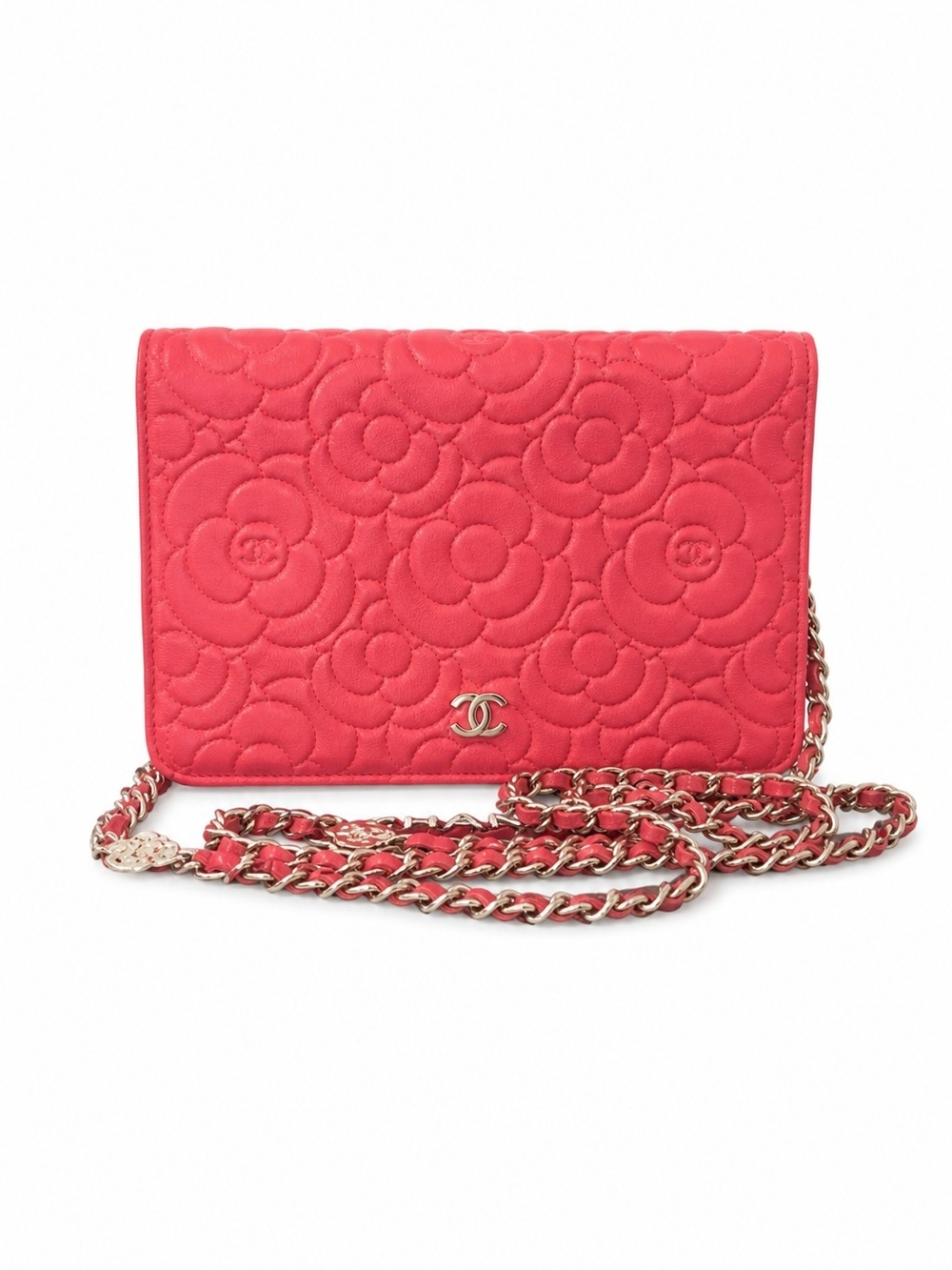 CHANEL Coral Caviar Leather, Camellia-Embossed Mini Cross Body Wallet